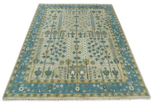 Custom Made Blue and Camel, Tree of Life Vintage Persian Hand Knotted Wool Area Rug