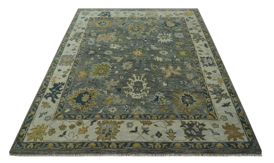 Custom Made Hand Knotted Charcoal, Ivory, Olive And Gray Traditional Wool  Area Rug