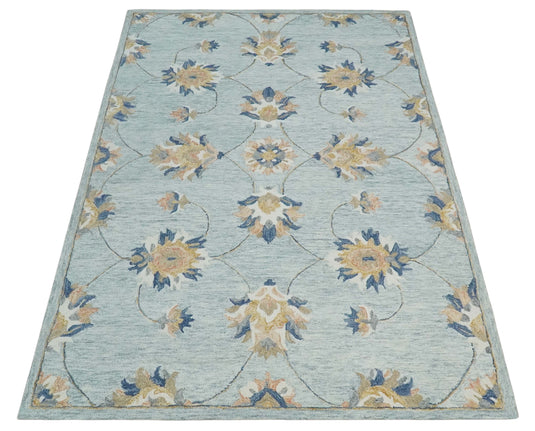 Custom Made Gray, Peach, Ivory And Blue Traditional Floral Hand Tufted Wool Area Rug