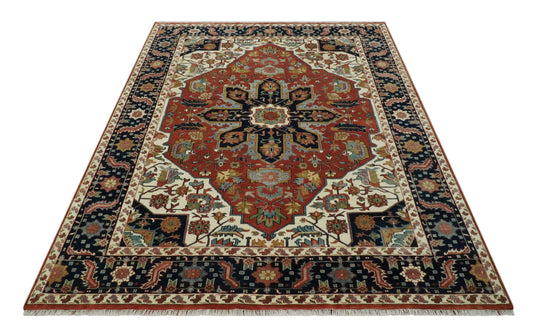 Hand Knotted Black, Ivory, Olive And Rust Traditional Wool Rug 9x12 ft Ideal for Living, Bedroom And Dining Rooms | CP2473912