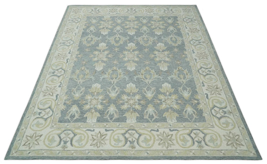 Custom Made Oriental Floral Gray, Silver, Ivory And Beige Hand Tufted wool Area Rug