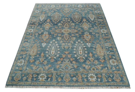 Custom Made Traditional Antique Blue And Beige Hand Knotted Oushak Wool Area Rug