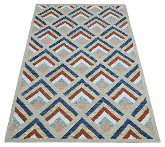 Custom Made Multicolor Modern Geometrical Chevron Pattern Hand Tufted Wool Area Rug