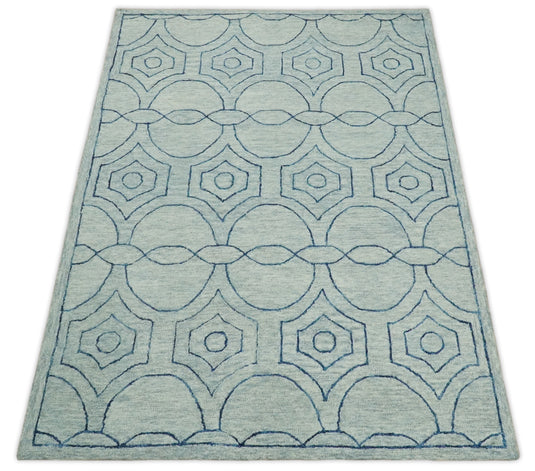 Custom Made Modern Geometrical Pattern Gray And Blue Hand Tufted Wool Area Rug