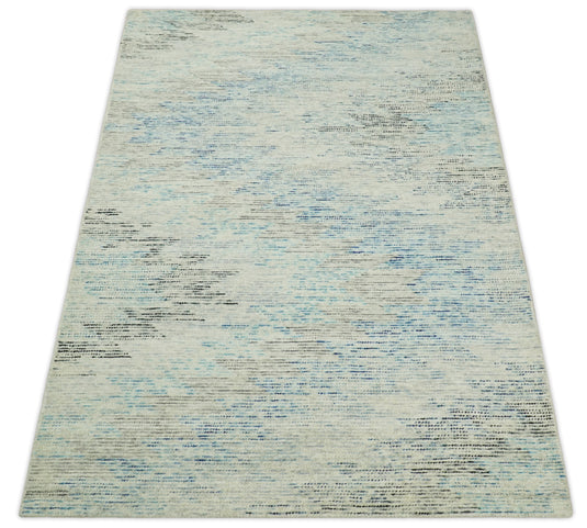 Custom Made Abstract Ivory, Blue, Charcoal And Beige Hand Tufted Wool Area Rug