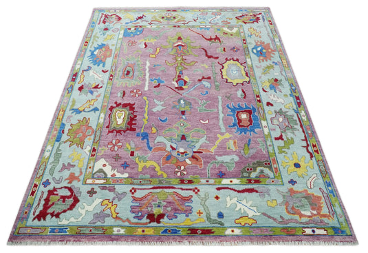 Vibrant Pink and Blue Hand knotted Coloful Oushak Multi Size wool Area Rug