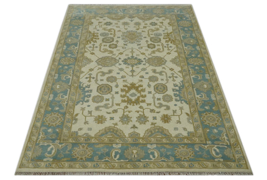 Custom Made Hand Knotted Oushak Cream, Beige, Ivory, Blue And Gold Wool Area Rug