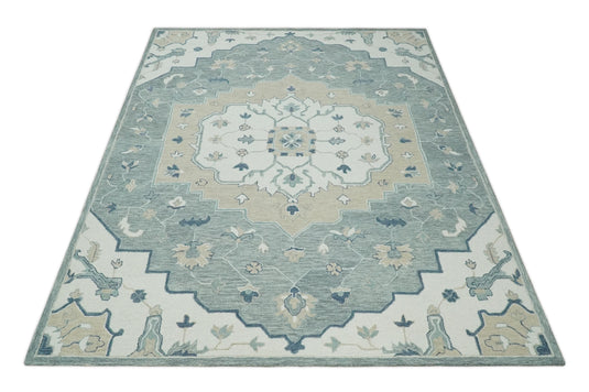 Custom Made Floral Medallion Ivory, Gray, Camel And Blue Hand Tufted Wool Area Rug