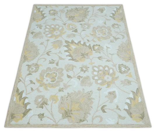 Custom Made Floral Pattern Silver, Olive, Beige And Yellow Hand Tufted Wool Area Rug