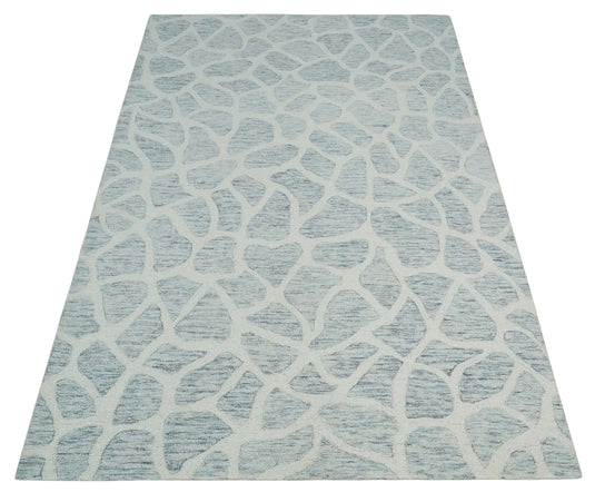 Custom Made Ivory, Gray And Blue Giraffe Pattern Hand Tufted Wool Area Rug