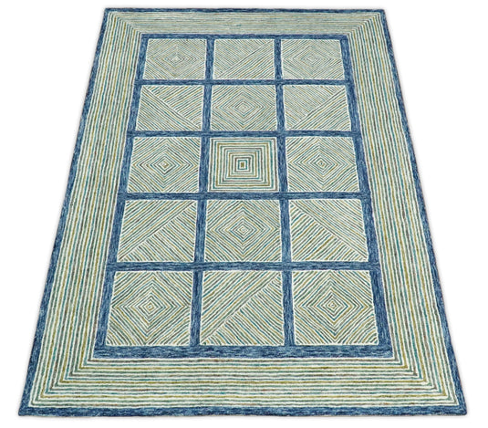 Custom Made Checkerboard Blue, Olive, Gray And Teal Hand Tufted Wool Area Rug