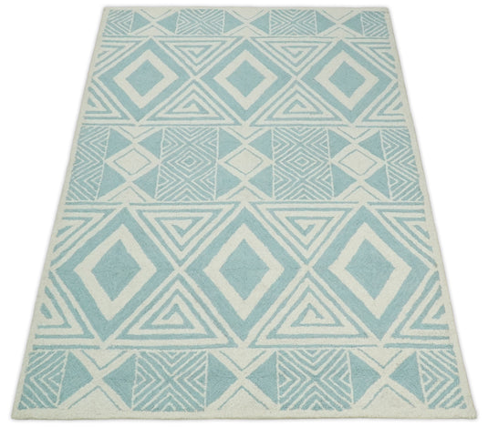 Custom Made Modern Geometrical Ivory And Sage Blue Hand Tufted Wool Area Rug