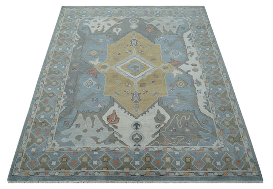 Turkish Oushak Gray, Beige, Blue And Ivory Hand Knotted 8x10 ft Bedroom, Living Room Rug Wool Area Rug