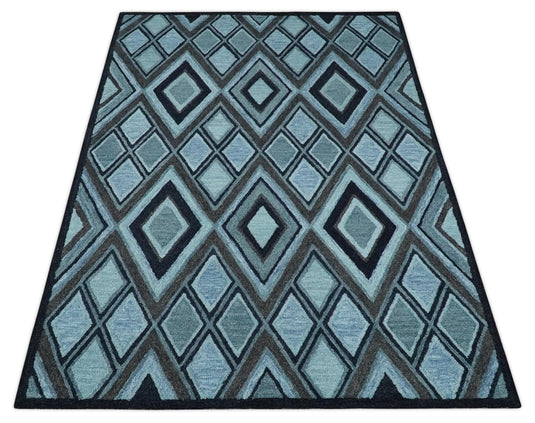 Custom Made Blue, Charcoal And Black Geometrical Harlequin Pattern Hand Tufted Wool Area Rug