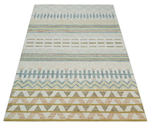 Custom Made Geometrical Pattern Ivory, Blue, Brown And Olive Hand Tufted  Wool Area Rug