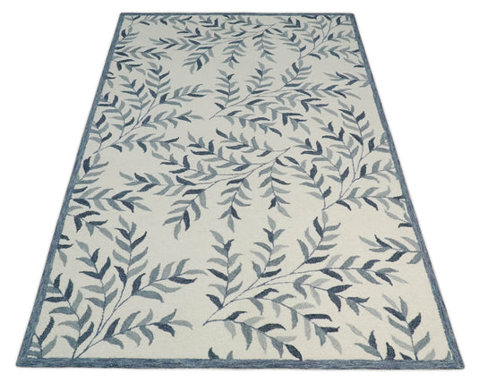 Custom Made Ivory, Gray And Charcoal Leaves Pattern Hand Tufted  Wool Area Rug