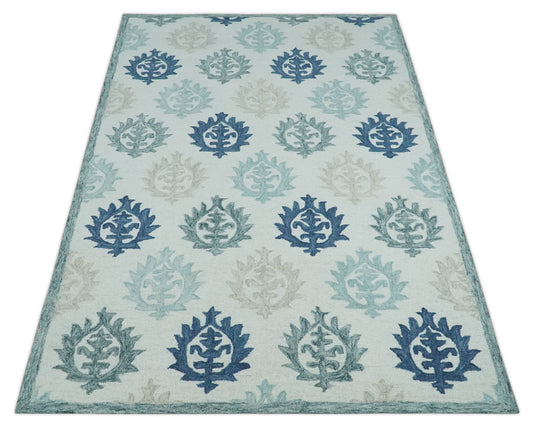 Custom Made Ivory, Blue, Teal And Beige Traditional Ikat Pattern Hand Tufted Wool Area Rug