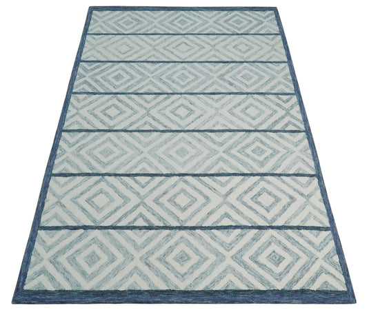 Custom Made Modern Geometrical Pattern Ivory, Gray And Blue Hand Tufted  Wool Area Rug