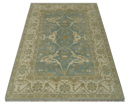 Hand Knotted Oriental Oushak Beige, Blue And Ivory Wool Rug 6x8.6 ft Ideal for Living, Bedroom And Dining Rooms | CP2360686