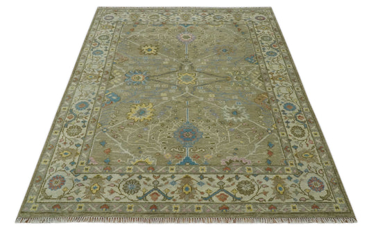 Custom Made Hand Knotted Olive, Blue And Yellow Traditional Floral Wool Area Rug
