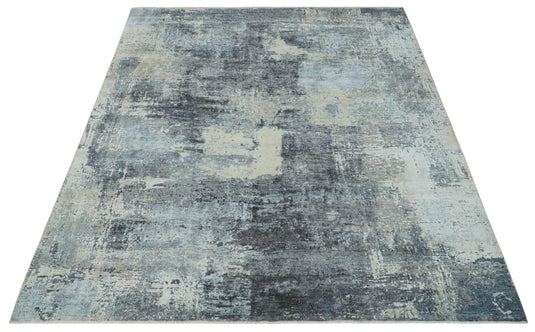 Abstract Grunge Pattern Ivory, Beige And Charcoal Hand Knotted 8x10 ft Bedroom, Living Room Rug Wool And Bamboo Silk Area Rug