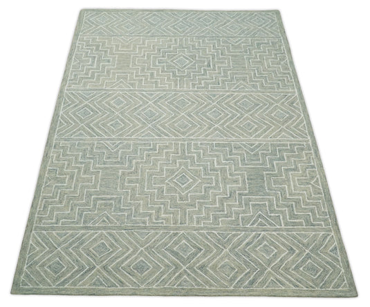 Custom Made Geometrical Beige And Ivory Hand Tufted Wool Area Rug