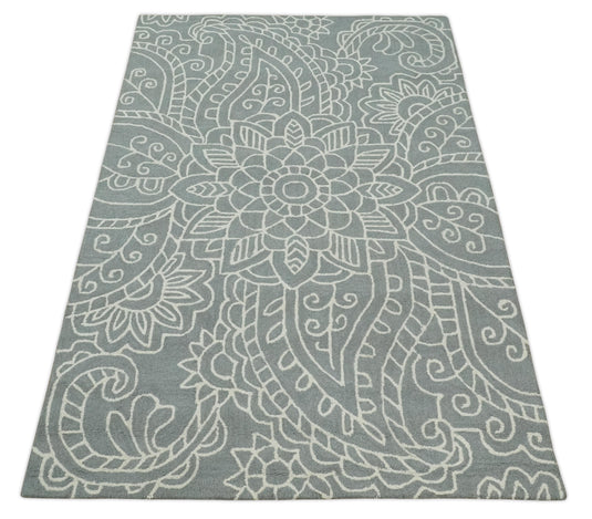 Custom Made Traditional Floral Gray And Ivory Hand Tufted  Wool Area Rug