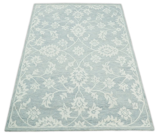 Custom Made Floral Pattern Ivory And Gray Hand Tufted Wool Area Rug