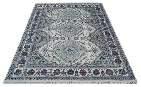 HandKnotted Heriz Rug Ivory and Silver Ideal for Living, Bedroom, and Dining Rooms 5x8, 6x9, 8x10, 9x12 and 10x14 Wool Rug