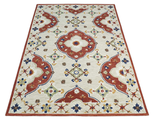 Custom Made Ivory, Maroon, Olive And Blue Hand Tufted  Wool Area Rug