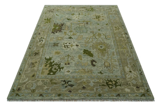 Custom Made Hand Knotted Floral Green And Gray Wool Area Rug