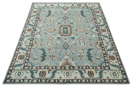 Traditional Pattern Gray, Ivory, Charcoal and Rust Hand Knotted 8x10 ft wool Area Rug