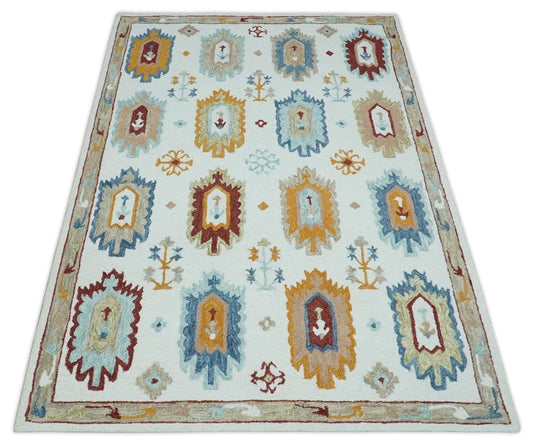 Custom Made Vibrant Colorful Traditional Ikat Hand Tufted Wool Area Rug