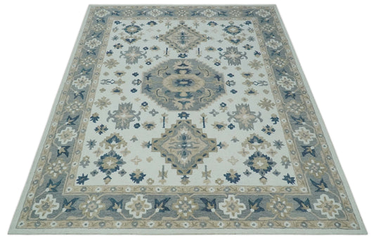 Custom Made Ivory, Beige, Gray And Blue Traditional Medallion Hand Tufted Wool Area Rug