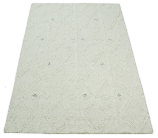 Custom Made Geometric Pattern Ivory Hand Tufted Wool Area Rug