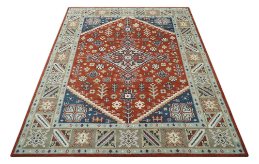 Traditional Pattern Red, Blue, Beige And Ivory Hand Knotted 8x10 ft wool Area Rug