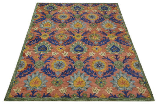 Custom Made Colorful Peach, Blue, Green And Gold Traditional Floral Hand Tufted Wool Area Rug