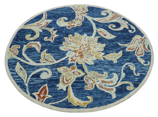 Custom Made Floral Blue, Beige, Rust And Olive Hand Tufted  Wool Area Rug