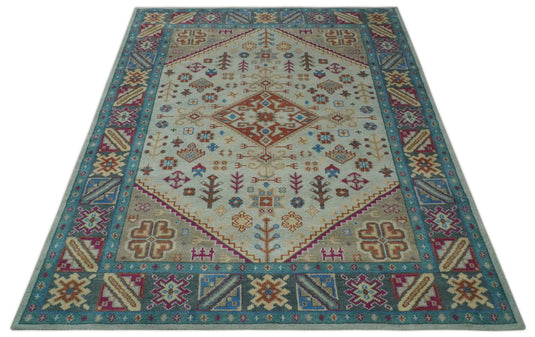 Custom Made Traditional Medallion Pattern Beige, Grey and Blue Hand Knotted wool Area Rug