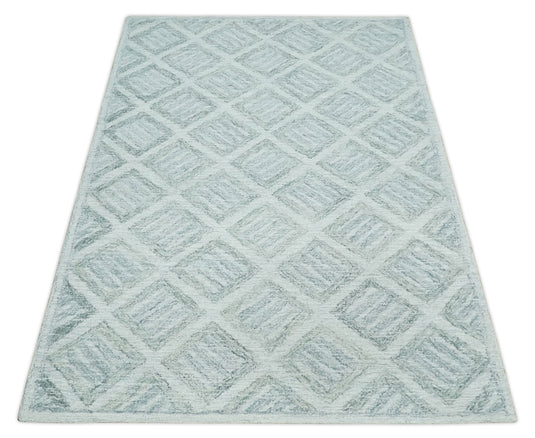 Custom Made Geometrical Trellis Pattern Silver And Gray Hand Tufted  Wool Area Rug