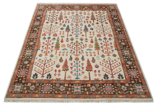 Traditional Ivory, Brown And Rust Tree Of Life Hand Knotted Oushak 8x10 ft Bedroom, Living Room Rug Wool Area Rug