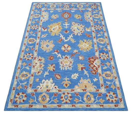 Custom Made Traditional Floral Blue, Camel And Maroon Hand Tufted  Wool Area Rug