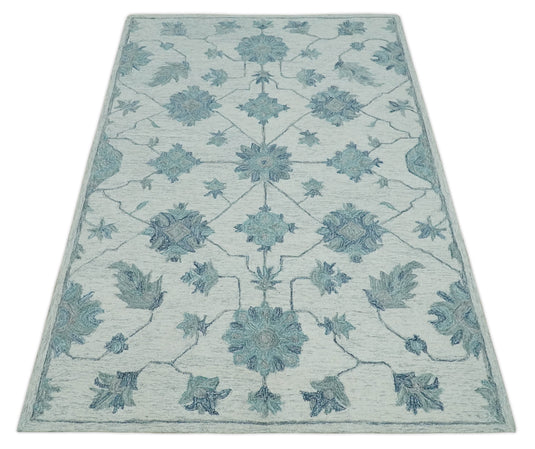 Custom Made Teal, Ivory And Gray Traditional Floral Hand Tufted Wool Area Rug