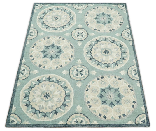 Custom Made Round Boho Pattern Sage Green And Beige Hand Tufted Wool Area Rug