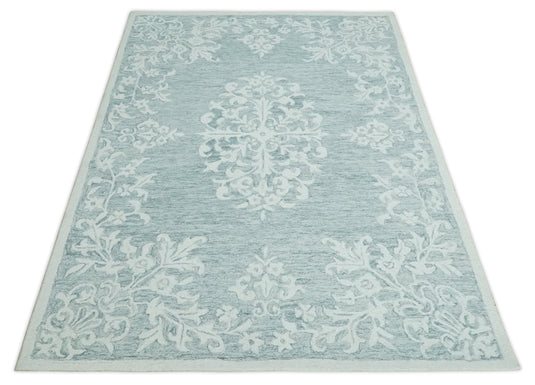 Custom Made Traditional Medallion Gray And Ivory Hand Tufted Wool Area Rug