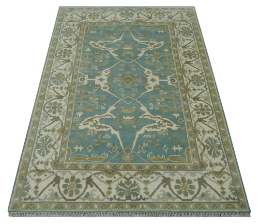 Hand Knotted Classic Oushak Teal, Beige And Ivory Wool Rug 6x9 ft Ideal for Living, Bedroom And Dining Rooms | CP235669