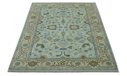 Custom Made Hand Knotted Traditional Floral Aqua, Beige, Gray And Charcoal Wool Area Rug