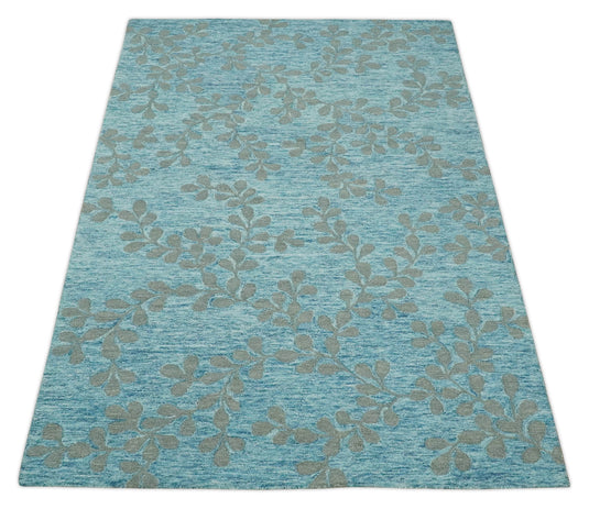 Custom Made Traditional Floral Pattern Light Blue And Gray Hand Tufted  Wool Area Rug