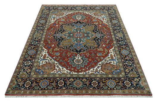 Hand Knotted Traditional Antique Herati Rust, Black, Teal And Olive Wool Rug 8x10 ft Ideal for Living, Bedroom And Dining Rooms | CP2454810