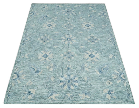 Custom Made Floral Pattern Blue, Ivory And Aqua Hand Tufted Wool Area Rug